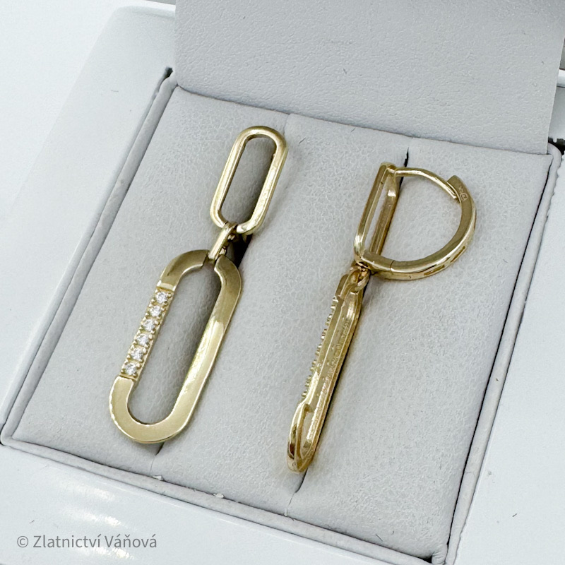 Žluté zlato náušnice visací obdélníkové se zirkony